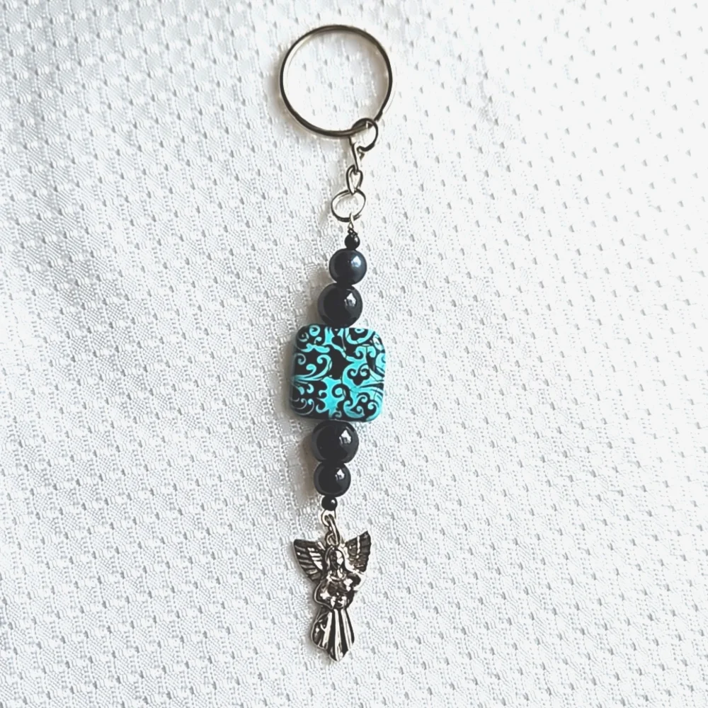 Hand Crafted Silver Angel Black Blue Beaded Keychain